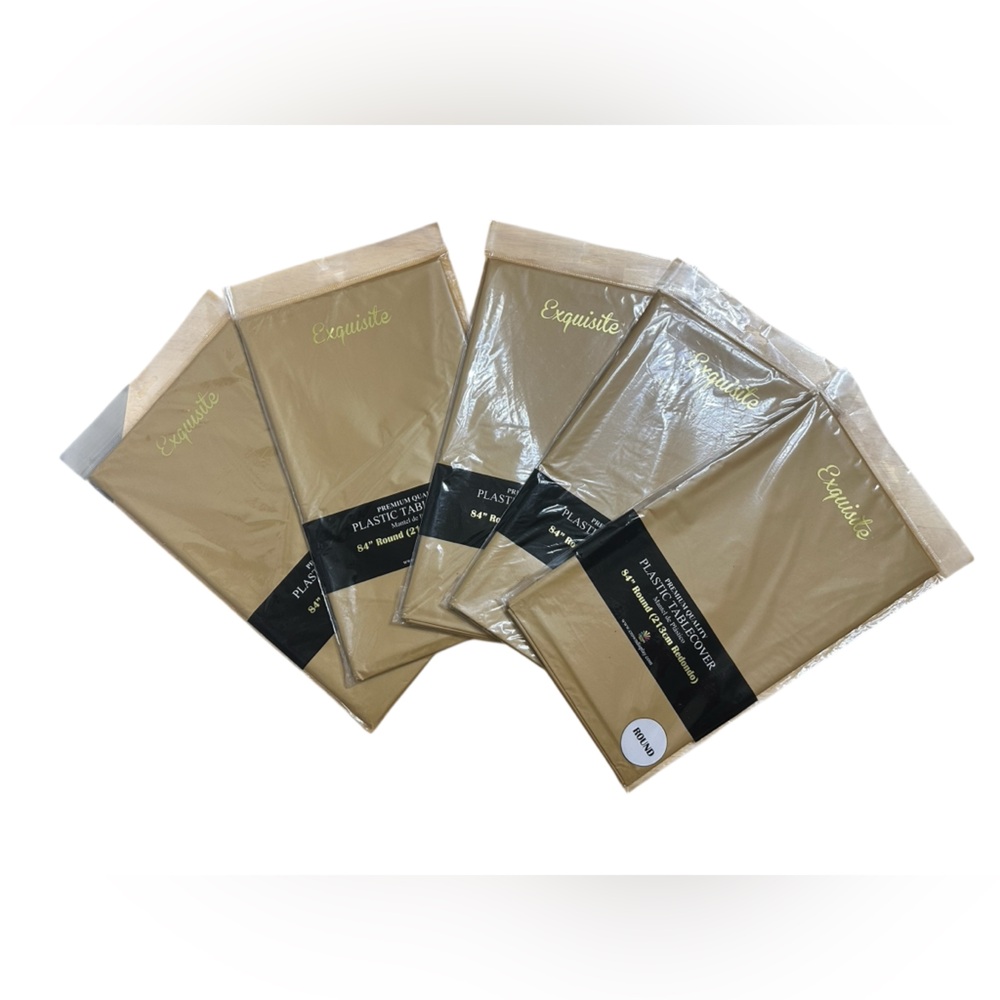 SET OF 5 NWT 84" GOLD ROUND PLASTIC TABLECLOTHS